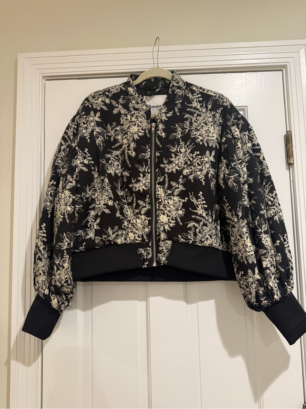 Black Floral Bomber Jacket with Cream Print - Women